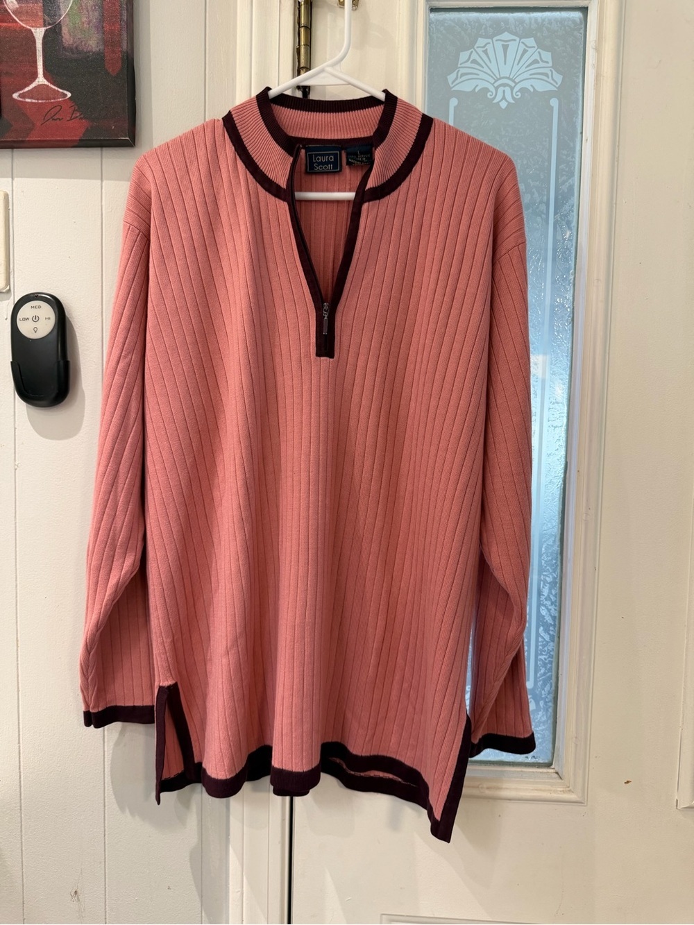 Laura Scott Rose Pink Ribbed V-Neck Sweater with Burgundy Trim